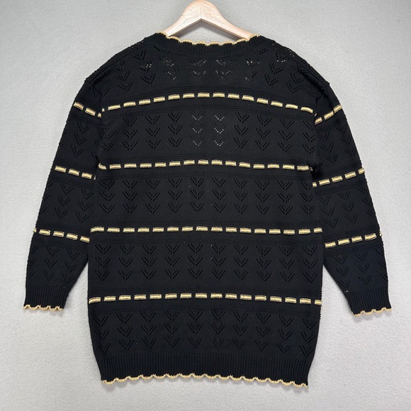 VTG Cricket Lane Cardigan Sweater Womens S Oversized BLK Gold Pointelle Coquette - Picture 3 of 8